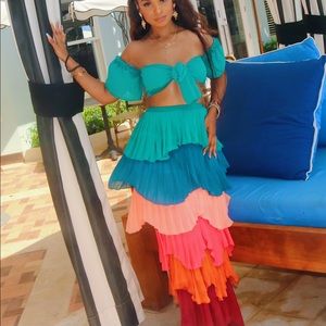 Flounce Sleeve Knot Bardot Top & Tiered Skirt Set